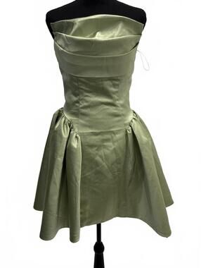 Strapless Light Green Satin Cocktail Dress with Removable Large Bow Back Detail
